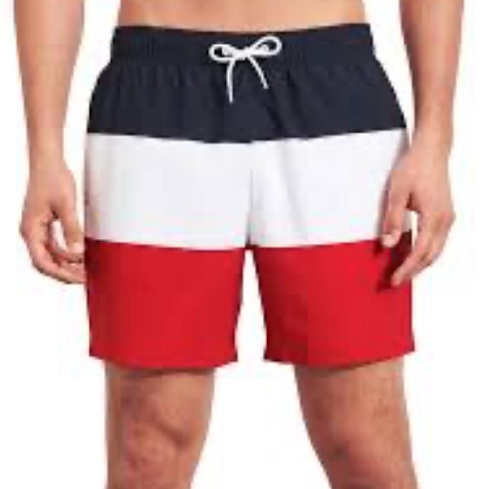 Hollister Men's Tricolor Swim Trunks - Red, White, and Black